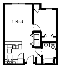 Floor plan for 1 bed, 1 bath, 603 sqft
